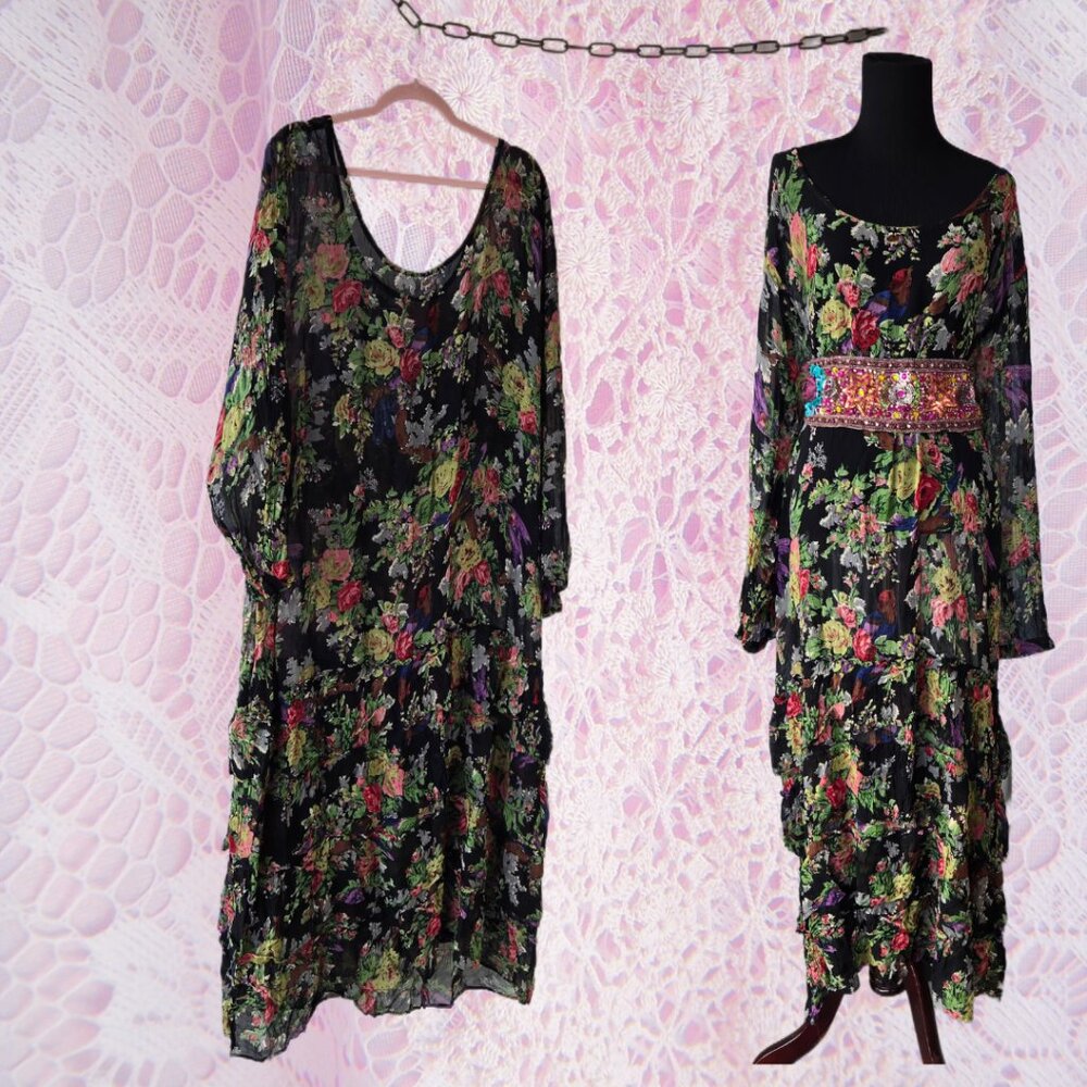 Vintage 90s New Options Sheer Long Sleeve Maxi Dress Romantic Roses & Bird Print